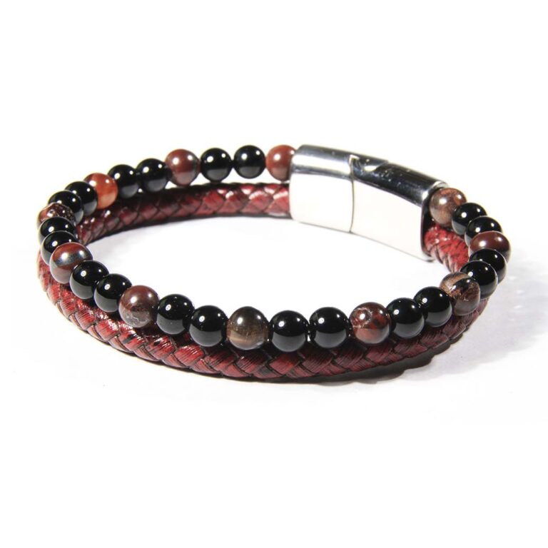 Vista Lateral de Brazalete Cuero más esferas en colores rojo | B306