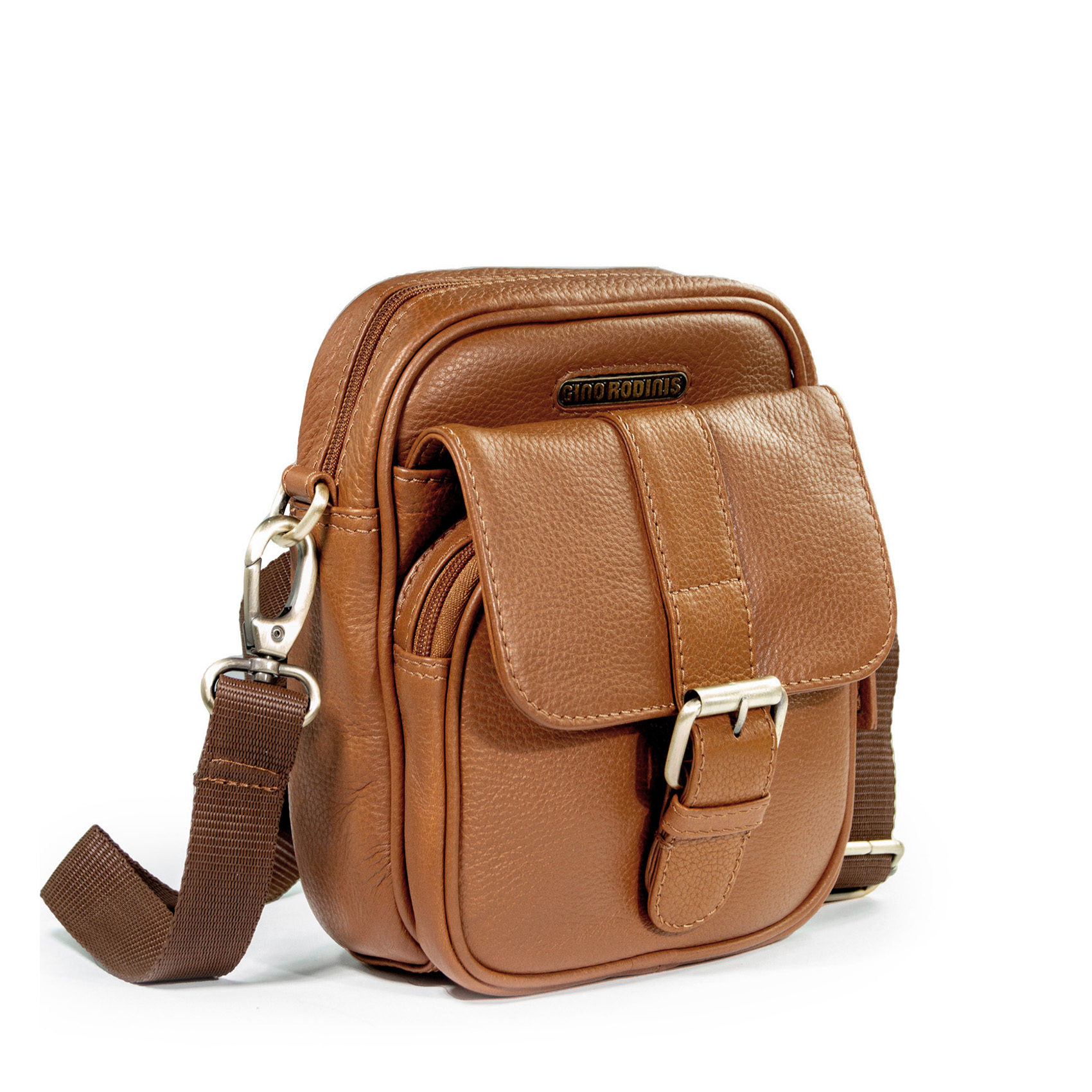 Vista Lateral de Morral de Cuero 1260 Camel - Gino Rodinis