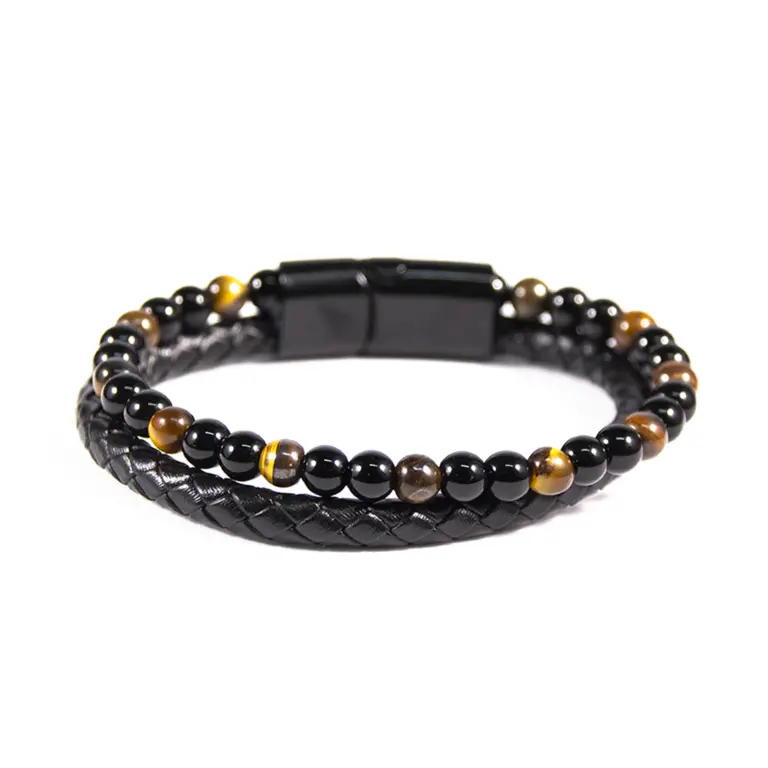 Vista frontal de Brazalete Cuero más esferas en colores negro y café | B306