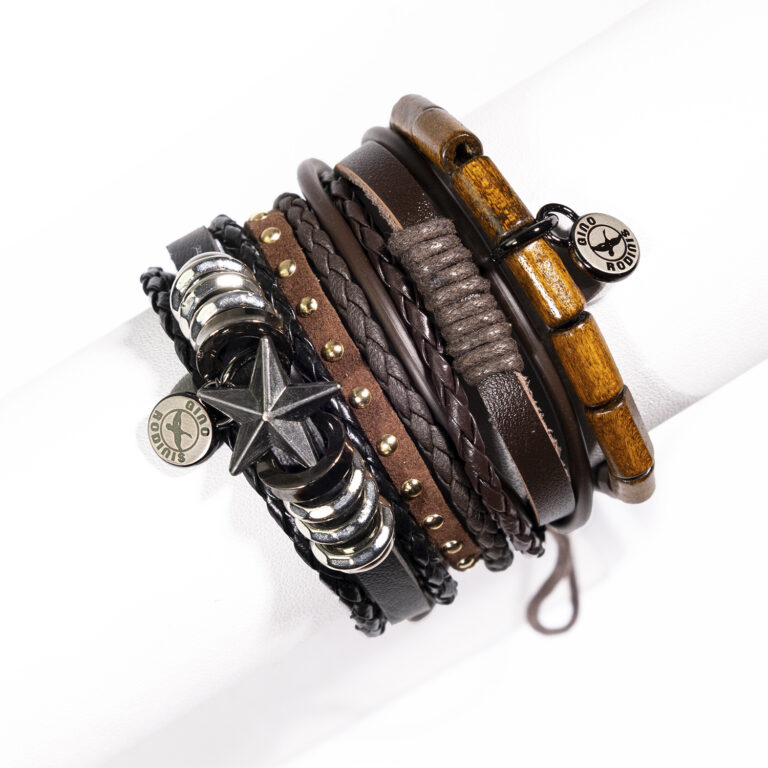 Vista Frontal de Brazalete Cuero 4 secciones color negro y café | B339