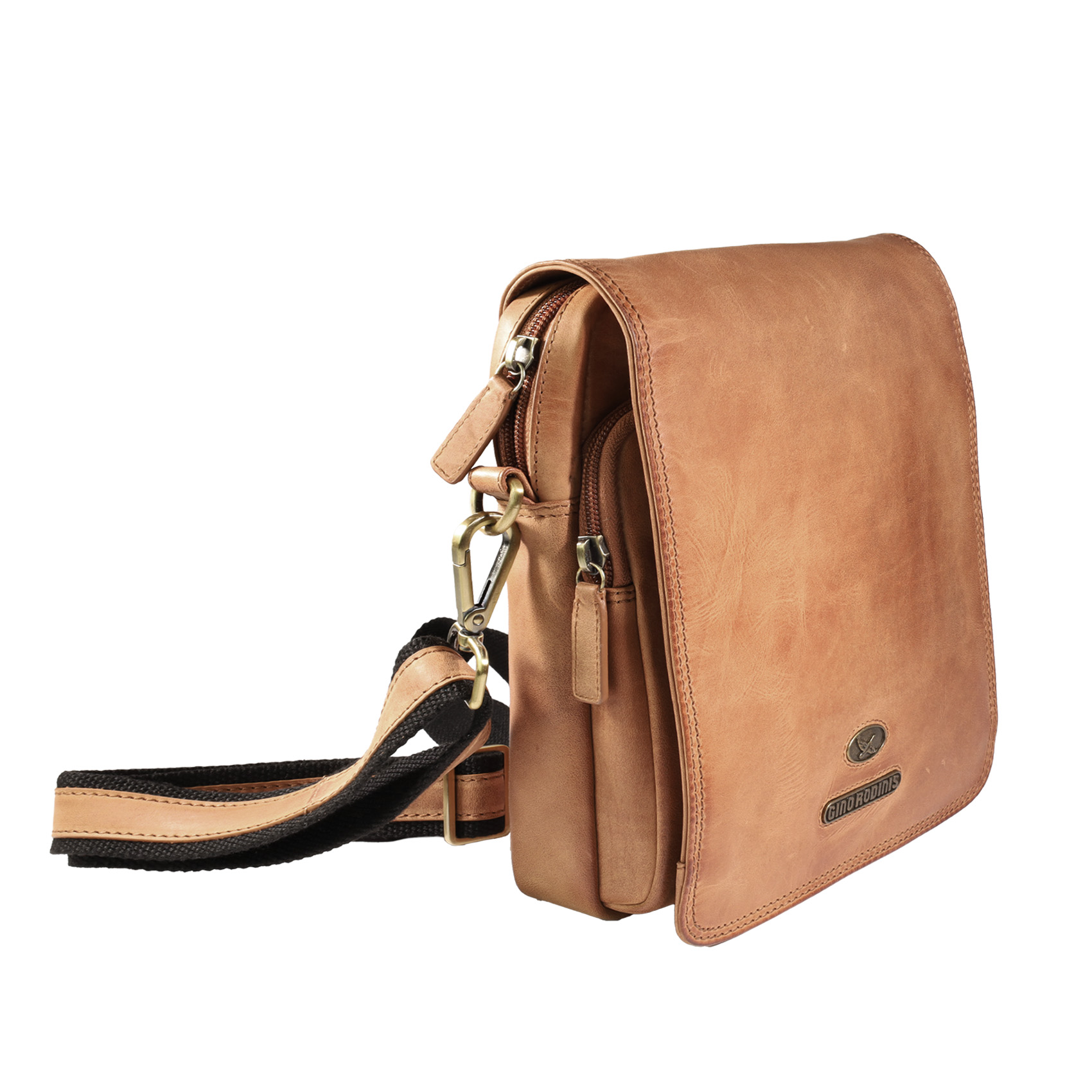 Vista Frontal - Lateral de Morral de cuero 2403 color Camel - Gino Rodinis